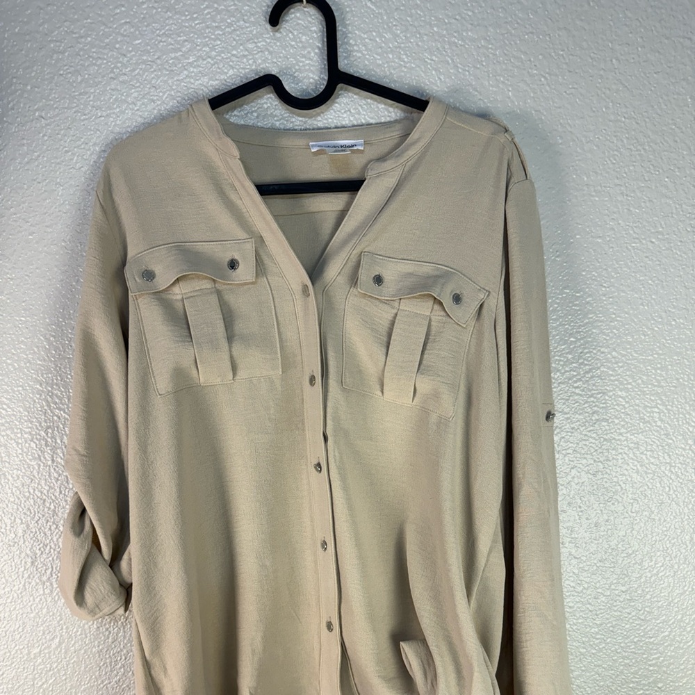 Banded Collar Pocket Detail Long Roll-Tab Sleeve Blouse camel tan